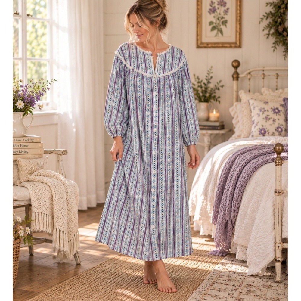 Long Cotton Flannel Nightgown Lanz Of Salzburg Blue Flowers Purple Hearts Sz XL